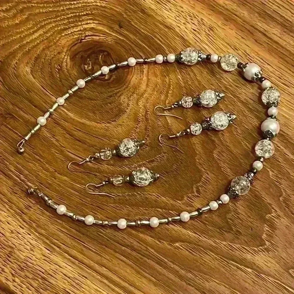 Crystal and Silver Colored Glass Bead and Faux Pearl Earrings and Neckla… - Picture 3 of 5